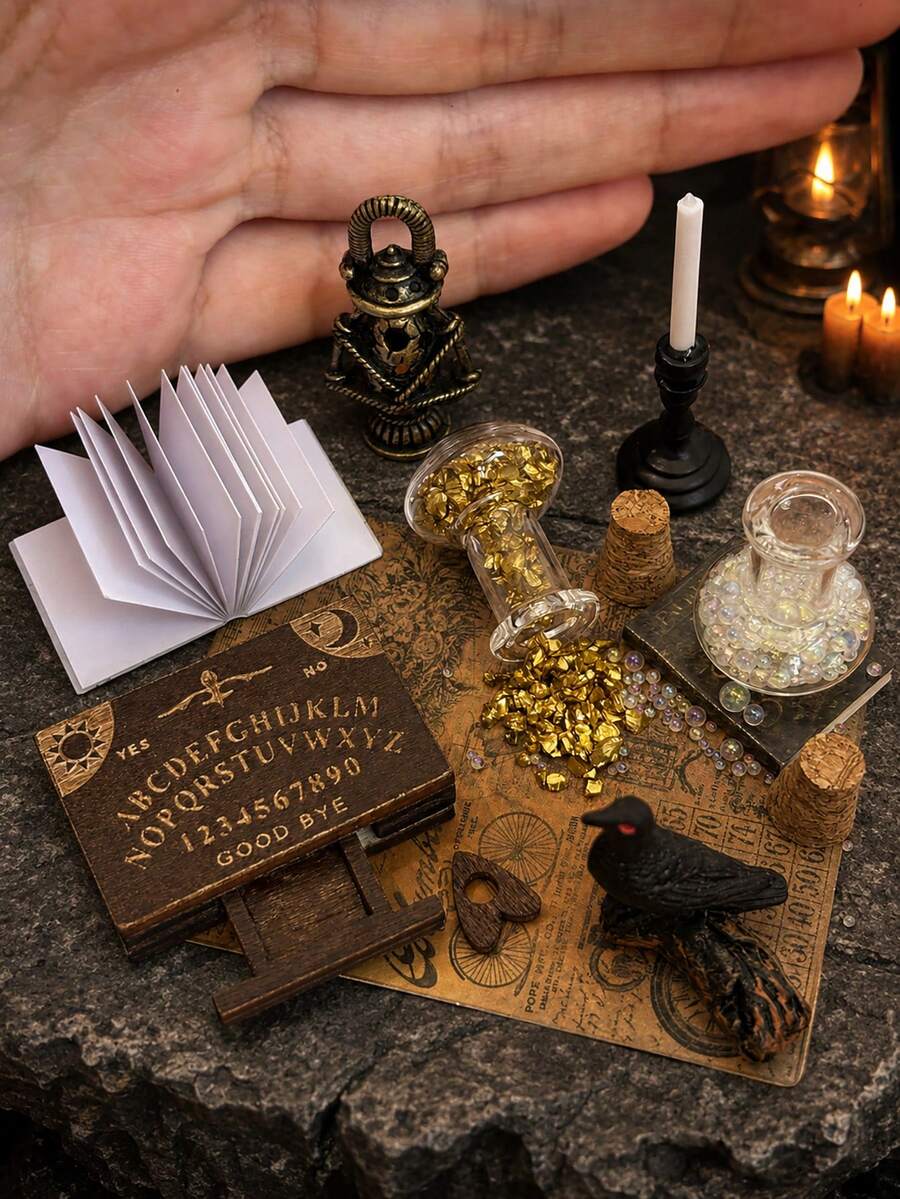 Miniature Model House Mysterious Magic Scene Decor Set, Crow, Book, Candlestick, Glass Magic Potion Bottle, Newspaper, Dollhouse Witch Divination Scene Desktop Decoration Accessories - one-size - View 1