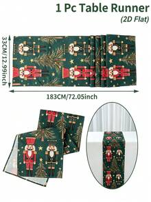 1pc Christmas Linen Green Table Runner With Nutcracker&Christmas Tree&Star Topper Pattern, 183*33cm Christmas Tablecloth, Table Cover, Merry Christmas Decoration, Xmas Decor, Christmas Table Decoration, Winter Home Decor, Holiday Party Decoration - Multicolor - View 8