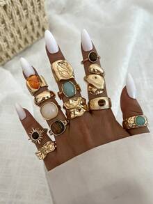 13pcs/7pcs/6pcs Vintage Elegant Casual Women's Colorful Gemstone & Brown Tiger Eye Asymmetrical Geometric Sun Multi-Element Gold Ring Set, Suitable For Autumn/Winter Daily Wear, Party, Vacation, Holiday Gift - Gold - View 3