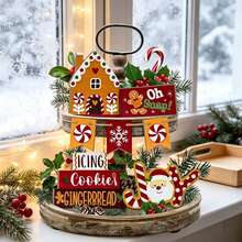 1/7pcs Christmas Tiered Tray Decor Set, Gingerbread House Santa Candy Cane Desktop Ornaments, Farmhouse Style Christmas Home Shelf Fireplace Party Decoration - Christmas Ornament - View 5
