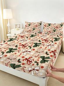 1PC Christmas Theme Fitted Sheet (Fitted Sheet Only, No Pillowcase), Vintage Plaid And Holly Pattern Fitted Sheet, Soft And Comfortable 100% Polyester Fabric, Suitable For Bedroom, Guest Room, School Dormitory Fitted Sheet, Easy To Remove And Machine Washable All-Season Mattress Protector - Multicolor - View 7