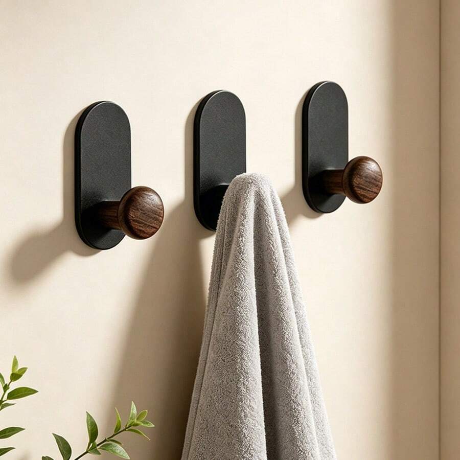 Walnut-Style Single Hook Wall Mount Coat Hanger Bedroom Door Back Adhesive Clothes Hook For Coats Scarves Towels Keys Storage Organization Damage-Free - Multicolor - View 1
