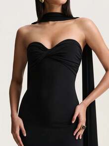 Women's Sexy Elegant Black Knit Bandeau Twisted Design Mid-Length Bodycon Dress, Suitable For Vacation, Party, Holiday, Gathering, Date, Evening, Cocktail, Graduation, Back To School, Valentine's Day, Christmas, Wedding Season And Other Formal Special Occasions - Black - View 1