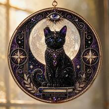 Stained Glass Style Moon Black Cat Suncatcher Ornament Transparent Acrylic Hanging, Celestial Witchcraft Themed Decor, Study Window Accessory, Dark Style Wall Decor, Creative Gift - Multicolor - View 12