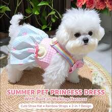 1pc Sweetheart Pet Camisole Dress, Suitable For Small And Medium Dogs And Cats, Lightweight Outfit With D-Ring For Leash Attachment; Featuring Plaid Patchwork Floral Pattern Skirt With Mini Straw Hat Decoration, Perfect For Park Walks, Photo Shoots And Daily Wear - Blue - View 4