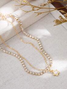 Nooxian 2pcs/Set Minimalist Vacation Style Five-Point Star Pendant Anklet Layered Rhinestone Studded Anklet Set For Women - Yellow Gold - View 2