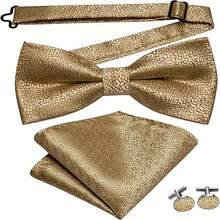 Paisley Striped Bow Tie For Men Silk Pre-Tied Bowtie Pocket Square Cufflinks Set Formal Wedding Party Prom - Gold - View 2