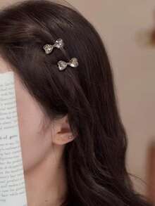 2pcs Small Crystal Bow Side Alligator Hair Clips Premium Forehead Fringe Clips Mini Bangs Clips Rhinestone Hair Accessories Gift, Travel, Women's Gift, Hair Material, Valentine's Day Hair Decoration - Multicolor - View 10