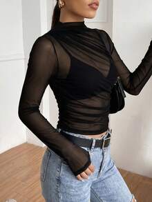 Stretchy Sheer Mesh - Women's Black Long Sleeve Mock Neck Ruched Dress Tops For Business Casual Work - Black - View 4