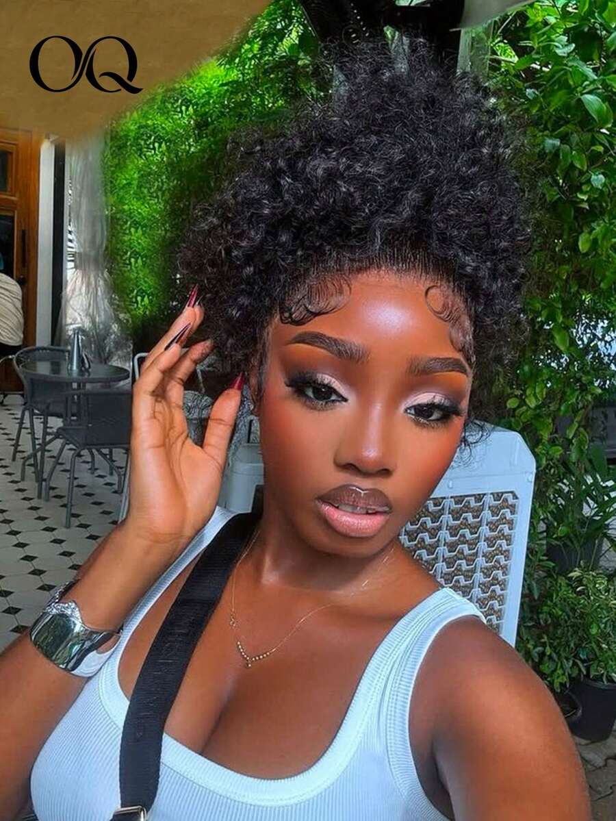 OQ 200%密度 14-26英吋隱形抽繩式360°佩戴假髮 捲曲波浪紋預漂染髮結隱形蕾絲假髮 預拔髮際線蕾絲前假髮 無膠黏貼亮面Y2K人髮假髮