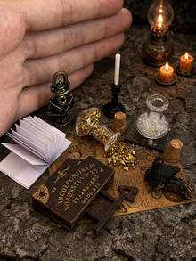 Miniature Model House Mysterious Magic Scene Decor Set, Crow, Book, Candlestick, Glass Magic Potion Bottle, Newspaper, Dollhouse Witch Divination Scene Desktop Decoration Accessories - one-size - View 2