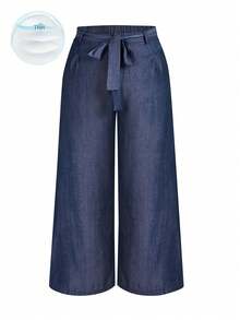Jeans de talla de pierna ancha y holgados con cinturilla elástica y efecto de mezclilla - Azul marino - Ver 6