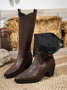 weiweiting European And American Vintage Western Cowboy Boots Women's Winter New Fashion Pointed Toe Chunky Heel Tall Riding Boots Fashion Boots Holiday - Brown - View 5
