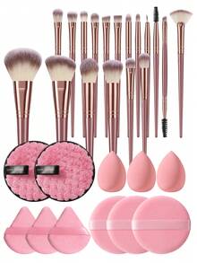 29Pcs/6pcs Pink Rose Gold Makeup Brush Set Makeup Brushes Cosmetic Sponges Triangle Powder Puffs Round Powder Puffs Cleaning Sponges Complete Makeup Tool Kit For Beginners - Rose Red - View 1