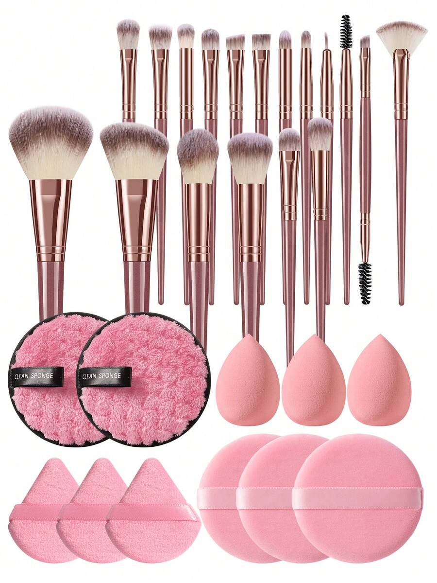 29Pcs/6pcs Pink Rose Gold Makeup Brush Set Makeup Brushes Cosmetic Sponges Triangle Powder Puffs Round Powder Puffs Cleaning Sponges Complete Makeup Tool Kit For Beginners - Rose Red - View 1