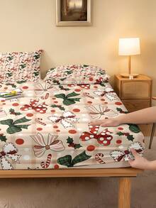 1PC Christmas Theme Fitted Sheet (Fitted Sheet Only, No Pillowcase), Vintage Plaid And Holly Pattern Fitted Sheet, Soft And Comfortable 100% Polyester Fabric, Suitable For Bedroom, Guest Room, School Dormitory Fitted Sheet, Easy To Remove And Machine Washable All-Season Mattress Protector - Multicolor - View 5
