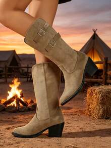 Metal Buckle Decor Western Cowboy Boots, Pointed Toe Chunky Square Heel Mid-Calf Boots, Women's Faux Suede Vintage Riding Boots - Camel - View 1