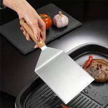 1/2pcs Stainless Steel Frying Pan Grill Turner Spatula, Flat Slanted Edge Design, Wooden Handle, Suitable For Cast Iron Skillet, Pizza And Pancake, Large BBQ Spatula, Easy To Clean And Use - Silver - View 2