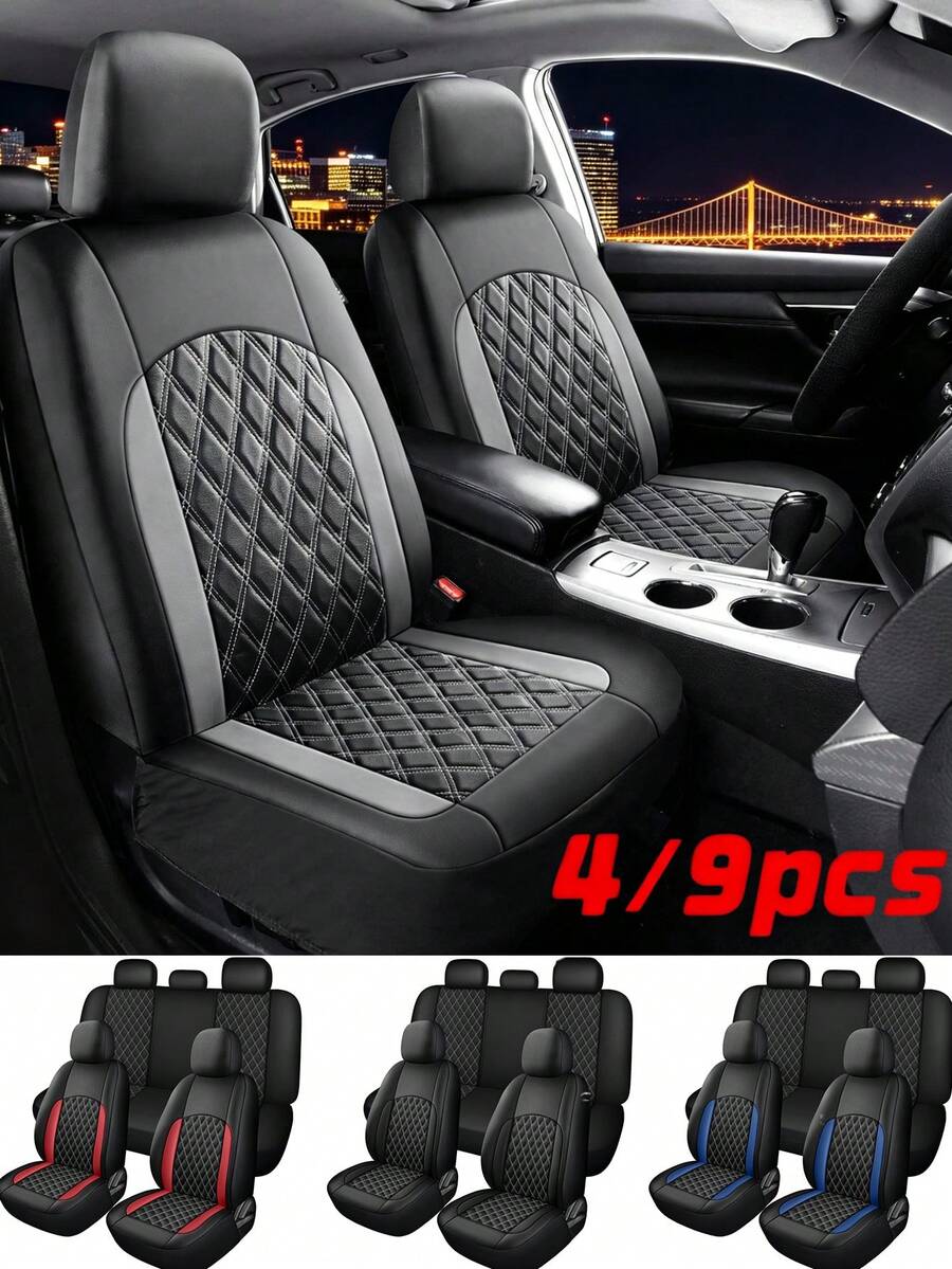 4PCS/9PCS Universal Car Seat Cover Set - Optional Front 2 Seats Or Full 5 Seats, Diamond Quilted Faux Leather With Non-Slip Backing, Easy Installation; Suitable For Sedan, SUV And Pickup Truck; Car Interior Protection Kit And Accessories.