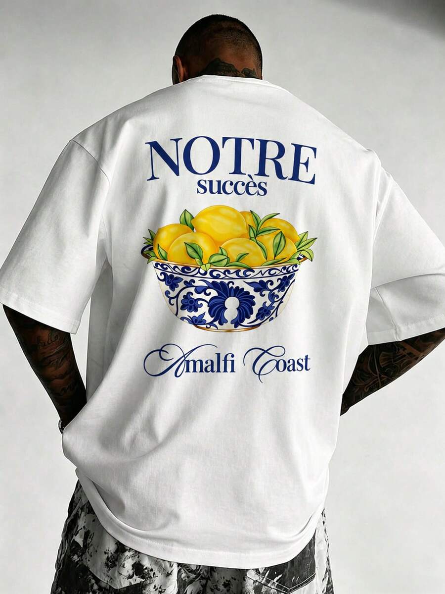 [Men's Plus Size Derivative]Men's Plus Size Loose Oversize Casual Lemon Floral Print Crew Neck T-Shirt | Exquisite Craftsmanship | Summer Essential | Versatile And Easy To Match, Showcasing Your Style - White - View 1