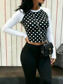 SuofeiMan Women's Casual Polka Dot Raglan Long Sleeve Cropped Top, Round Neck Knit Fabric T-Shirt, Suitable For Autumn/Winter, Slim Fit - Black - View 3