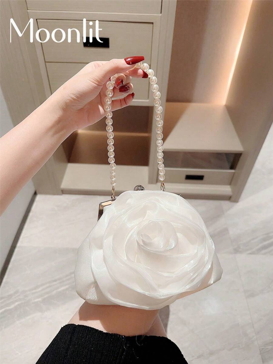 精致花卉图案晚宴包，配以仿珍珠手柄和链条，适合正式场合、舞会和晚宴，浪漫白色新娘手拿包，完美搭配婚纱、礼服、舞会礼服、生日礼服、派对礼服，优雅珍珠手拿包，舞会包，珍珠包