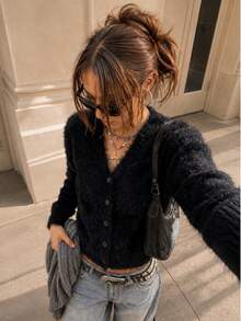 Women's Fall Winter Black Imitation Mink Knit Cardigan,V Neck Button Front Long Sleeve Sweater,Soft Daily Versatile Cardigan, Casual Vacation Outfit - Black - View 3