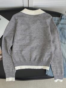 Autumn/Winter New Korean Style Sweet Casual Knit Cardigan For Women, Gentle Style Contrast Color Lapel Lace Heart Cardigan, Preppy Slimming Long Sleeve Jacket, Versatile For Daily Commute - Grey - View 7