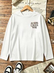 Plus Size Women's Leopard Print "Jesus Loves You" Bible Verse Long Sleeve T-Shirt, Moderate Stretch Crew Neck Loose Casual Autumn Top - White - View 6