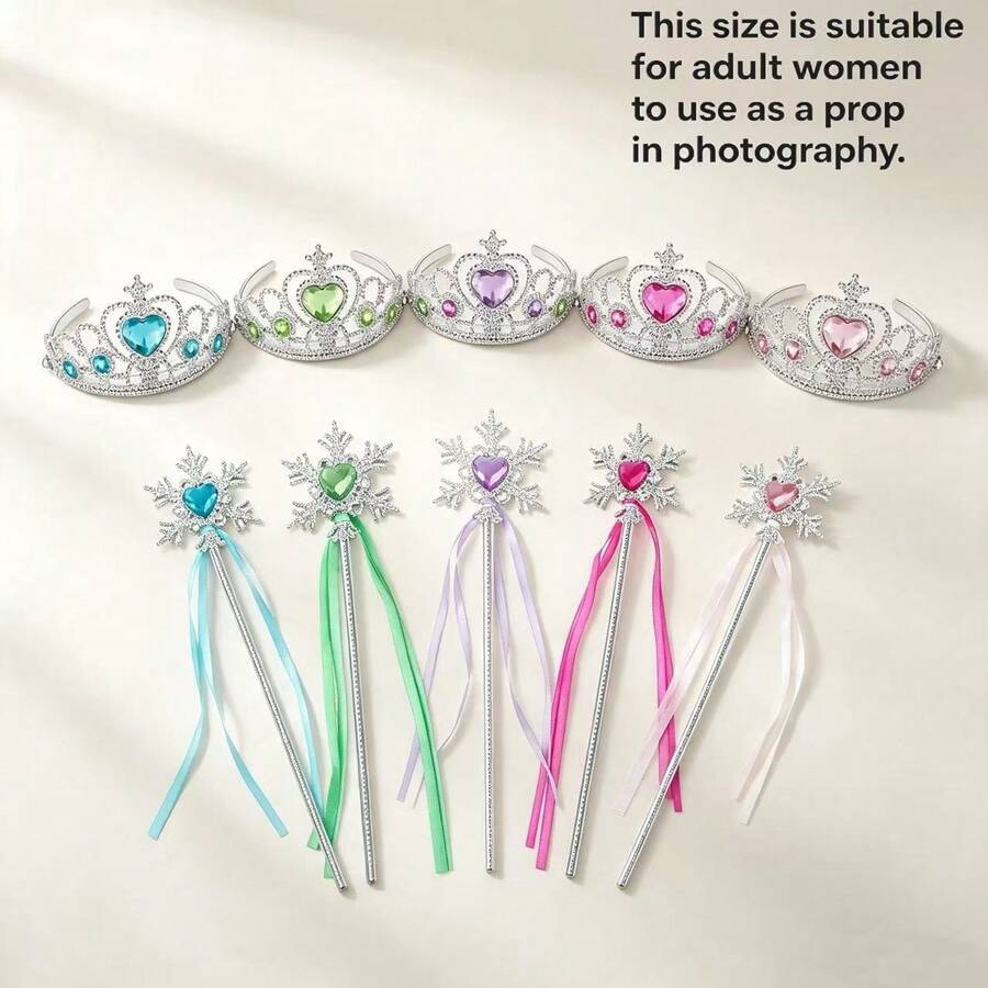 5 Sets Princess Crown And Snowflake Magic Wand Set, Heart-Shaped Rhinestone And Fairy Wand Combination, Dress-Up Accessories Set - Multicolor - View 1