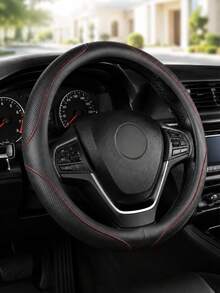 Perforated PU Leather Steering Wheel Cover, Non-Slip Inner Ring, Breathable Laser Cut Grip Protector, Durable Red Stitching, Unisex 14.5-15 Inch Car Interior Accessory, Soft Faux Leather Steering Wheel Cover - A - View 11