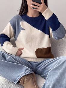 1pc Tween Girls INS Style High-End Contrast Color Patchwork Geometric Pattern Round Neck Long Sleeve Knit Sweater, Korean Loose Slouchy Pullover, Children Casual Fashion Versatile Knit Top, Skin-Friendly Soft Student Daily Outing Outfit, Autumn/Winter Essential - Blue - View 2