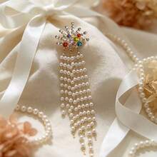 1pc Colorful Rhinestone & Faux Pearl Tassel Brooch, Long Draping Faux Pearl Chain Pin, Elegant Suit & Dress Accessory, Women's Jewelry Gift - Long Tassel - View 3