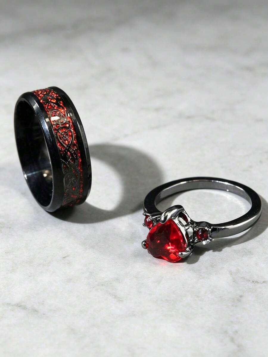 2pcs New Fashion Stainless Steel Rings, Couple's Rhinestone Studded Matching Rings, Men's And Women's Jewelry Set - Heart-shaped Couple Rings - View 1