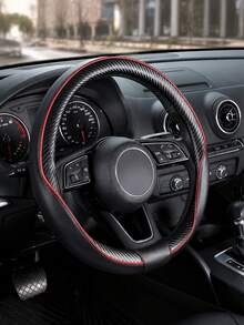 1PC Universal Carbon Fiber Steering Wheel Cover, Black Sport Style Leather Texture Auto Steering Wheel Protector With Red Stitching Detail, Non-Slip Comfortable Grip, Breathable Car Interior Accessories For Men Women Daily Commute Travel - A - View 1