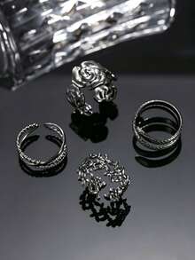 Gothic Women's Ring Set, Stackable Black Halloween Jewelry, Snake And Flower Design, Multi-Element, Holiday Gift - Black - View 2