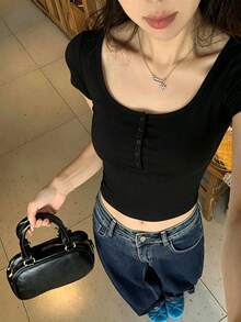 女款U領短袖T恤，夏季新款純色休閒百搭，美式辣妹風，黑色 - 黑色 - 查看 9