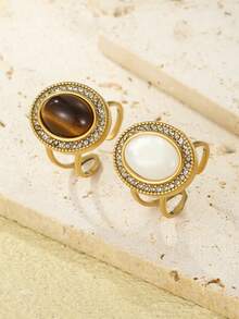 2pcs Stainless Steel Vintage Large Oval Mother Of Pearl Tiger Eye Stone Rings For Women, Rhinestone Embellished Luxury High-End 18K Gold Plated Open Adjustable Finger Rings, Niche Design Elegant Stackable Decorative Rings - Yellow Gold - View 2