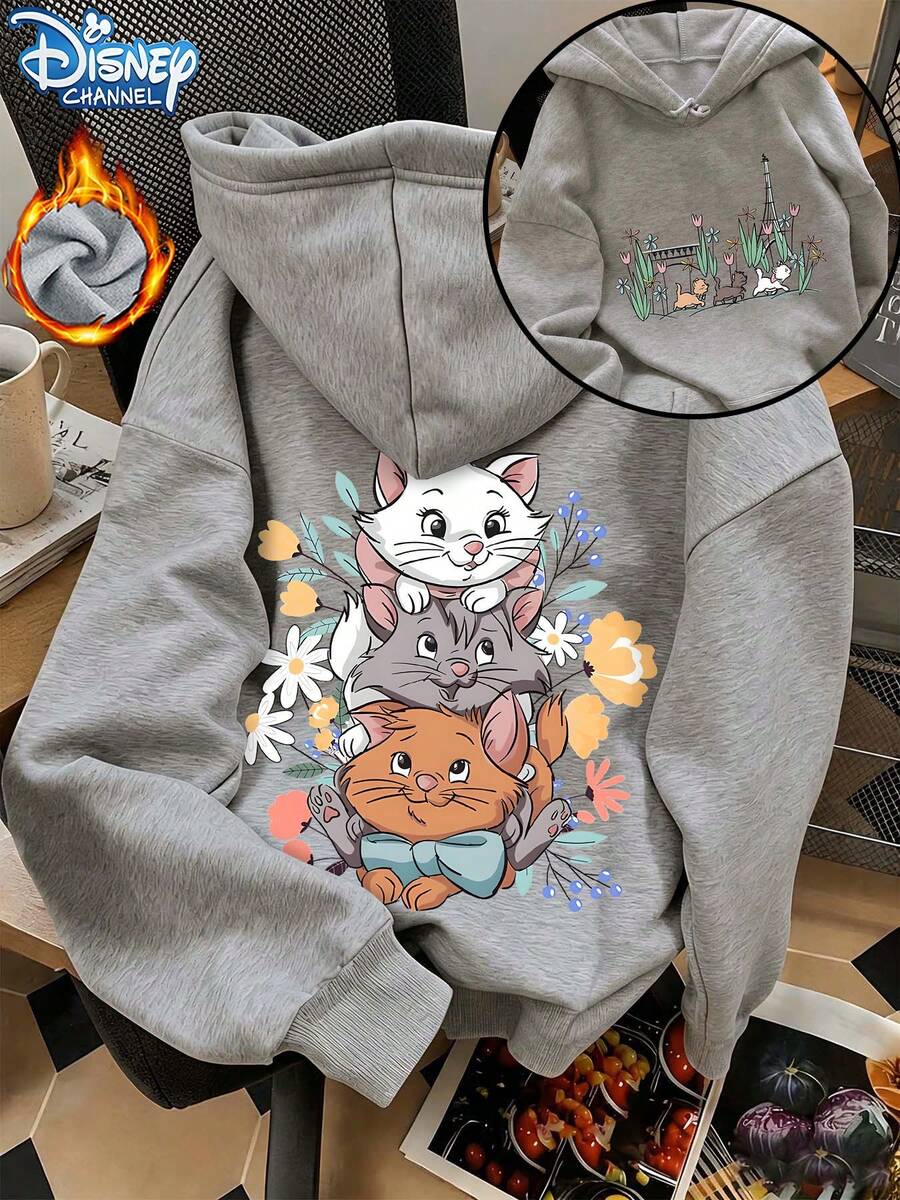 Start Autumn/Winter Women's "Disney Three Kittens" Pattern Printed Street Outing Commuter Y2K Style Loose Thick Fleece Grey Hoodie - Light Grey - View 1