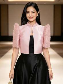 Modern Filipino Style Butterfly Sleeve Elegant Stand Collar Patchwork Minimalist Solid Color Top - Pink - View 5