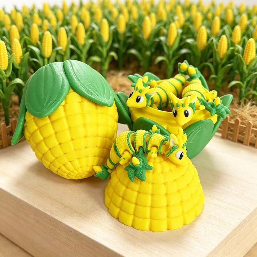 Cute 3D Printed Corn Dragon + Dragon Egg Model Set Plastic Toy Ornament Desktop Decoration Sculpture Figurine Holiday Gift
