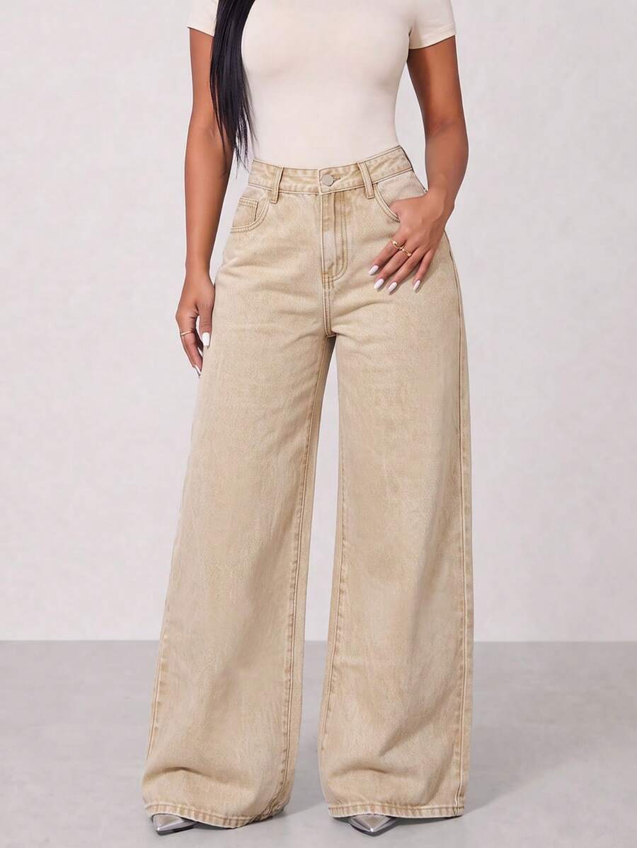 女款低腰寬腿休閒藍色斜口袋彎腿牛仔褲,秋季服飾 - 卡其色 - 查看 1