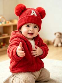1pc A-Z Letter Double Pom Pom Knitted Hat, Newborn Autumn/Winter Warm & Cold-Proof Hat, Suitable For 0-3 Years Old Baby Daily Wear - Red - View 2