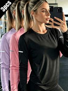 3pcs Women's Mesh Breathable Long Sleeve Tops, Slim Fit Elastic, Outdoor Sun Protection Sports Wear, Suitable For Running, Versatile And Comfortable - Multicolor - View 1