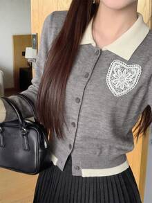 Autumn/Winter New Korean Style Sweet Casual Knit Cardigan For Women, Gentle Style Contrast Color Lapel Lace Heart Cardigan, Preppy Slimming Long Sleeve Jacket, Versatile For Daily Commute - Grey - View 2