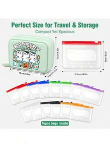 Pill Storage Box Set, BOO BOO CREW Pattern, 7-Day 2-Times-A-Day Large Capacity Pill Organizer, 14 Colorful Compartments, Reusable Travel Medicine Storage Bag, Large Capacity Weekly Pill Organizer, Suitable For Small Daily Items, Ideal For Health-Conscious And On-The-Go Users, Essential Medical Accessory, Back To School, Halloween, Christmas, Student Essential - Multicolor - View 9
