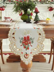 1pc Christmas Candle And Poinsettia Embroidered Table Runner, Hollow Carved Design, Vintage Christmas Table Decor, Suitable For Dinner Party, Family Gathering, Home Holiday Decoration - Beige - View 4