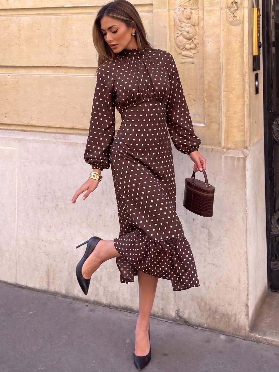 Women's Polka Dot Casual Party Dress - Brown - View 1