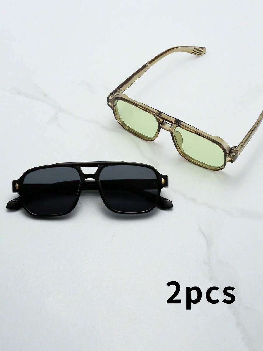 1pc Men's PC Material Classic Square Double Bridge Large Frame Minimalist Personalized Fashion Glasses, Suitable For Party, Casual, Vacation, Travel, Beach, Daily Decoration - 2-piece Combo Pack (green + Black) - View 1