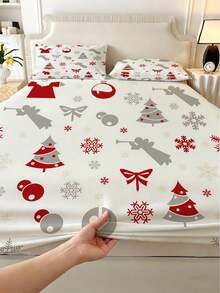 1PC Christmas Tree Snowflake Bow Decorative Print Fitted Sheet (Fitted Sheet Only, No Pillowcase), Soft And Comfortable 100% Polyester Fabric, Suitable For Bedroom, Guest Room, School Dormitory, Easy To Remove And Machine Washable Holiday Bedding Decor - Multicolor - View 6